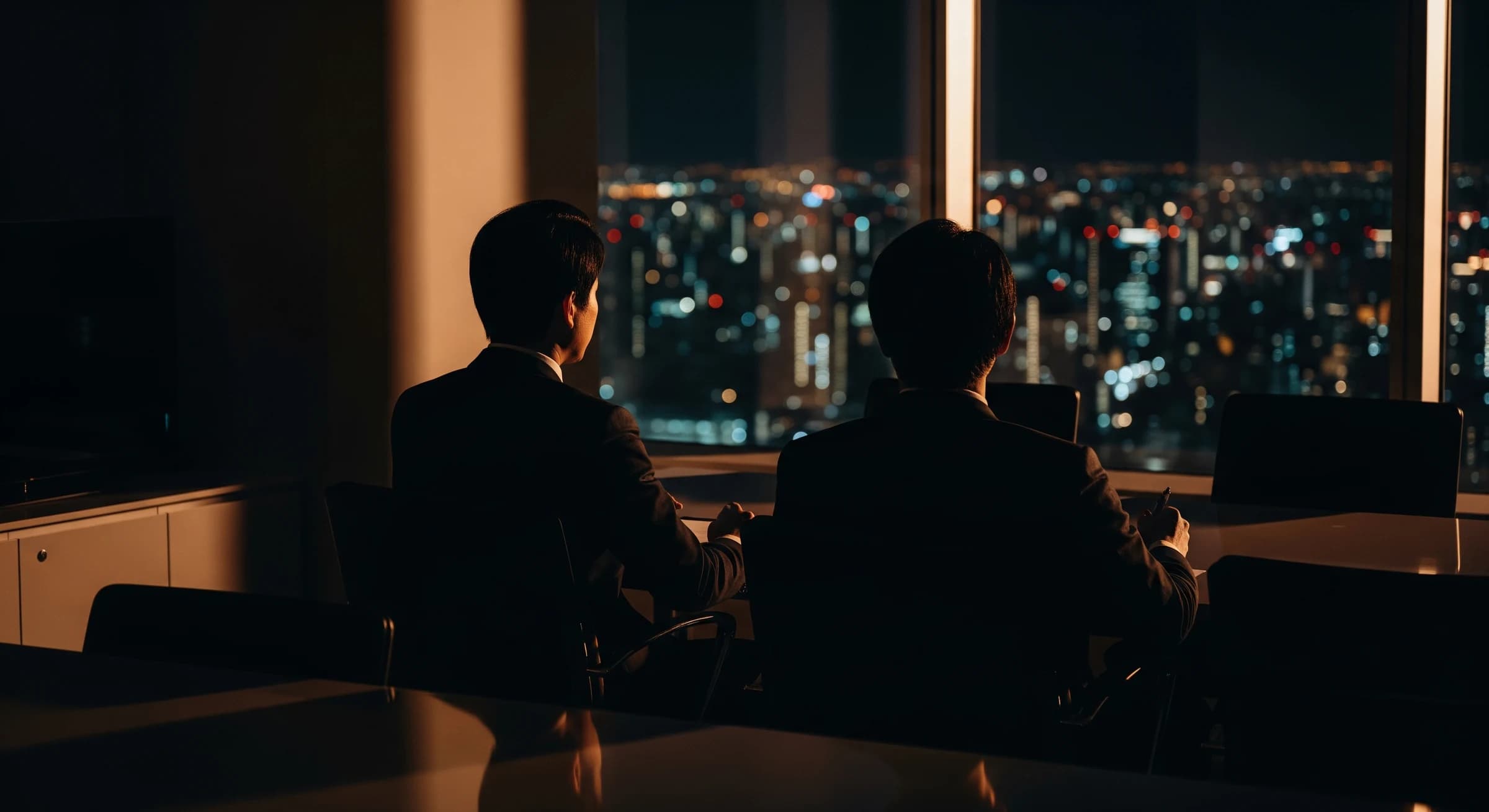 夜のオフィスでの商談シーン